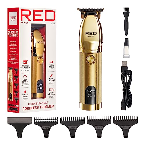 Red by Kiss Cordless Hair & Beard Trimmer for Men, Water-Proof Professional Rechargeable Hair Clipper, LCD Display Precision Blade Trimmer
