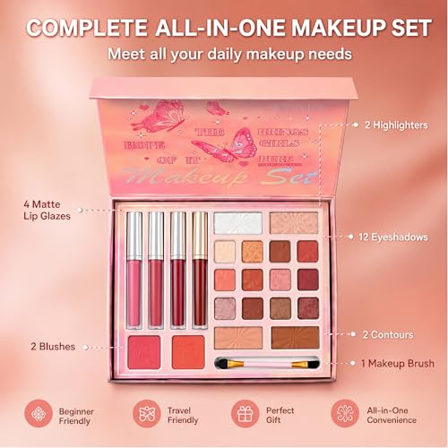 5 in 1 Makeup Palette Set with Eyeshadow, Blush, Highlighter & Brush