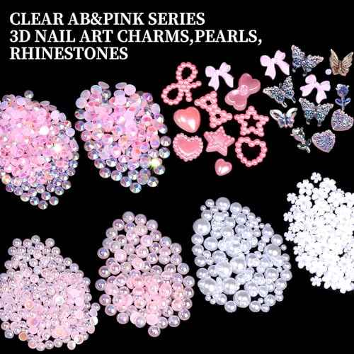 FAMDAMEI 24 Grid Flat Back Pearls and Rhinestones for Bedazzling Kit, Clear White Pink Pearls Flatback Resin Jelly Rhinestones,Flower 3D Nail Charms and Gems for Crafting Rhinestones for Crafts