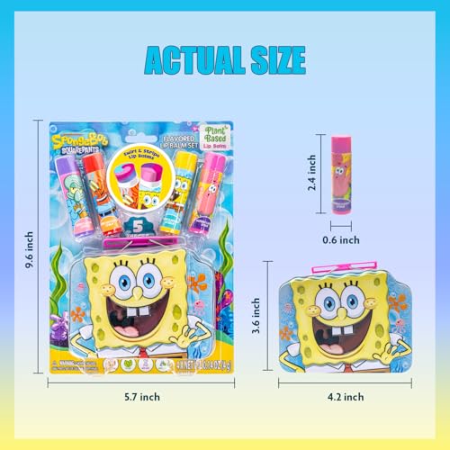 Spongebob Squarepants 4PK Plant-Based, Fruity Scented Lip Balm, & 1 Tin, Colorful Hydrating Mosturizor Swirl Lip Balm Set for Kids, by Townley Girl