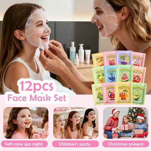 12 Pack Fruit Face Mask for Kids, Stocking Stuffers for Teen Girls, Skin Care for Kids, Christmas Gifts, Moisturizing Face Masks SkinCare, Face Masks Bulk, Slumber Party Supplies for Girls