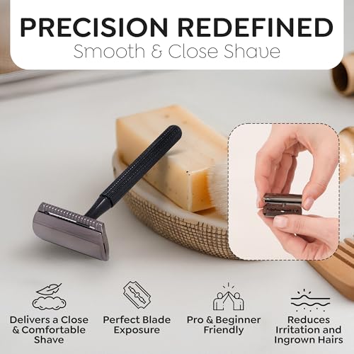 Parker 78R Double Edge Safety Razor with 5 Safety Razor Blades, Women & Men¡¯s Safety Shaving, Reusable, Plastic-Free ? Graphite