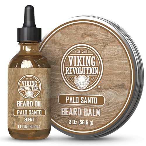 Viking Revolution Palo Santo Beard Balm for Men and Beard Oil Bundle - With Argan and Jojoba Oils - Soften and Moisturize your Beard