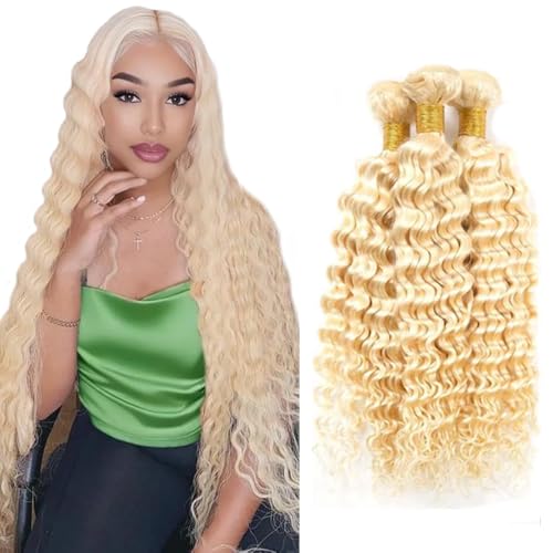 AuokMar Blonde Human Hair Extensions 613 Deep Wave 3 Bundles 28-32 Inch