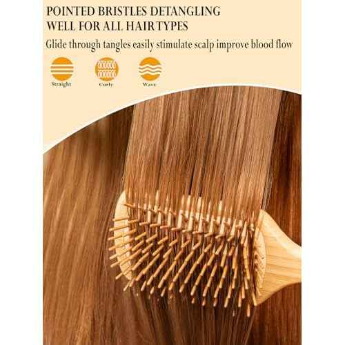 Bamboo Hair Brush for Men Women Detangling Thick Curly Hair, Natural Bamboo Bristles Wooden Paddle Hairbrush with Ergonomic handle for All Hair Types