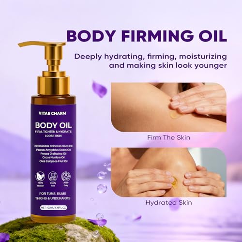 Vitae Charm Body Oil, Luxury Body Oil for Crepe Skin, Firming Tightening & Hydrating Body Serum with Vitamin E and Sweet Almond Oil, Smooths Skin for Women