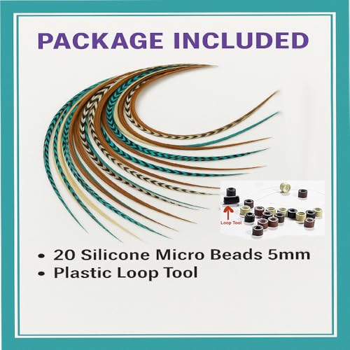 Feather Hair Extensions Kit – 20 Rooster Feathers with Beads & Tool