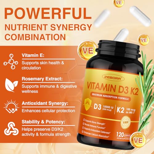 ZEBORA Vitamin D3 K2 10,000 IU & 100mg K2 - Immune & Bone Support Capsules