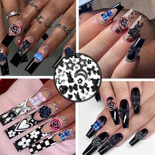 110 Pieces 3D Nail Charms for Acrylic Nails, Camellia Rose Flower Butterfly Bowknot Heart Bear Rabbit Star Charms for Nail Art Designs DIY Accessories Craft(Black+2)