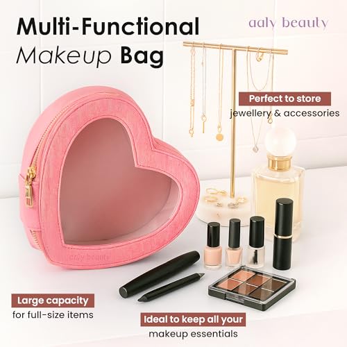 Heart Makeup Bag ? Pink Heart Cosmetic Bag with Clear Cover ? Gift Ideas for Women, Mom, Girlfriends, Her - Large Capacity for Full Size Makeup, Skincare and Brushes