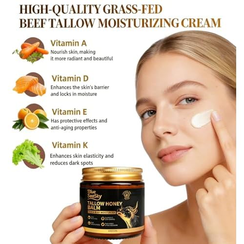 Upgraded Beef Tallow for Skin Handmade Whipped Organic Grass-Fed Tallow and Honey Balm for Eczema & Rosacea,Non-Comedogenic,Beef Tallow Face Moisturizer for Dry, Sensitive Skin(4oz Unscented)