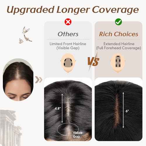 Rich Choices Hair Toppers for Women Real Human Hair 360¡Æ3D Clip in Bangs 100% Remy Human Toppers with Bang for Thinning 150% Density Upgrade Extended 2"*6"Lace Base 08 Inch #01 Jet Black