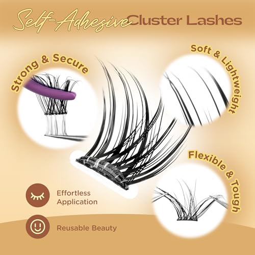 Self Adhesive Eyelashes Cluster, 10-16mm Pre Glued Lash Clusters Natural Look Wispy Press on Lashes No Glue Needed, Reusable, DIY Eyelash Extensions