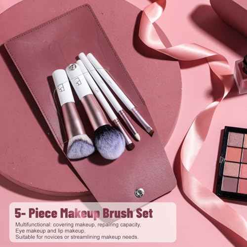 BS-MALL Travel Makeup Brushes Premium Synthetic Foundation Powder Concealers Eye Shadows 7 PCS with Triangle Puff & Storage Bag (Rose Pink)