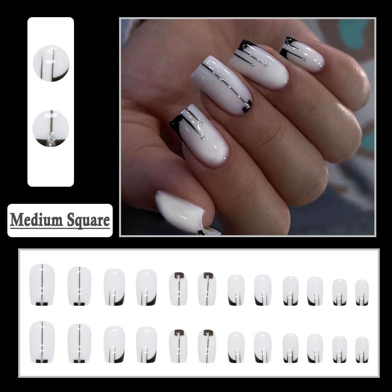 BAOYAALIN White Press on Nails Short Medium Square Fake Nails with Simple Fashion Black Design, Press ons Artificial Acrylic Full Cover False Stick on Nail for Women Girls Daily Wear Wedding 24Pcs