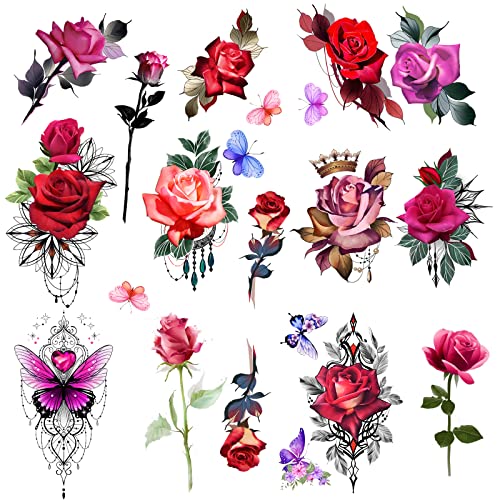 Rose Flower Temporary Tattoos for Women - 8 Sheet Set