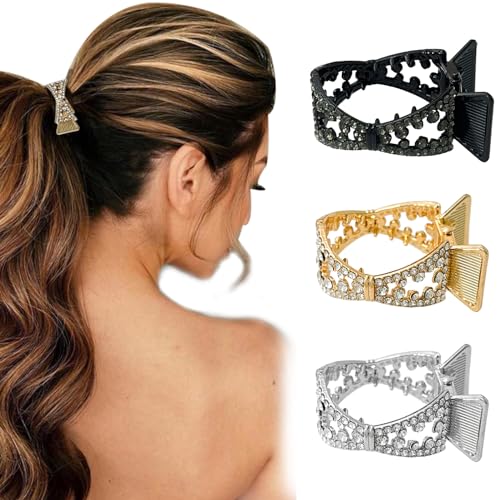 FRDTLUTHW 3Pcs Hair Claw Clips, 1.4 Inch Rhinestone-Embellished Metal Hair Claws for Thick Long Hair, Ideal for High Ponytails Hair Styles(3Colors, Gold, Silver, Black)