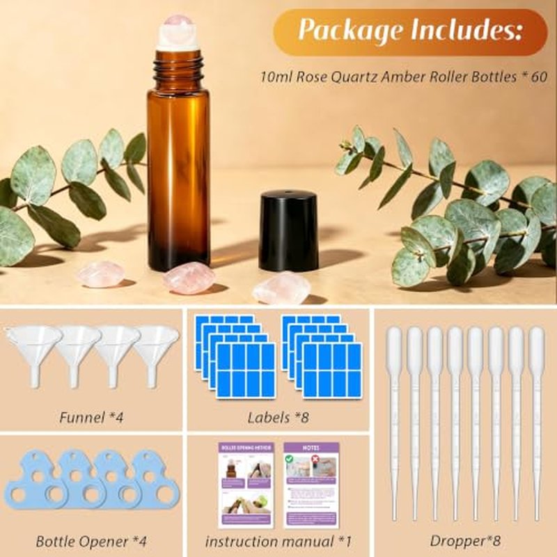 60 Pack Rose Quartz Essential Oil Roller Bottles - 10ml Amber Glass