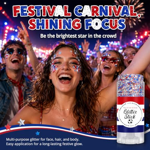 FNOLECY Patriotic Red White & Blue Glitter Stick for Face Hair & Body - Variation 02