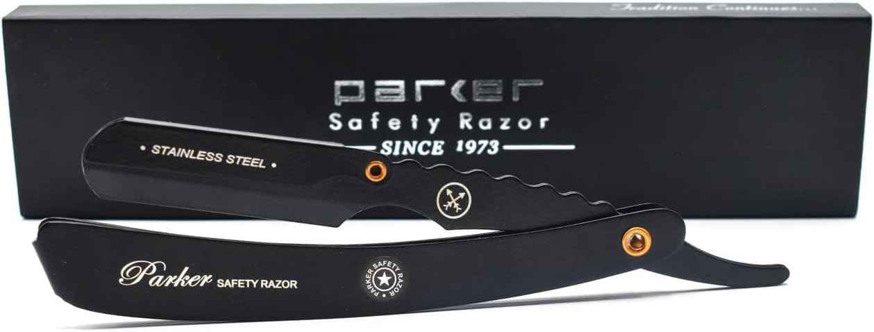 Parker SRXBLK Professional Stainless Steel Clip‑Style Barber Razor – Heavy‑Duty Black Finish with 5 Refill Blades, Ergonomic Weight for Barbers & Straight Razor Shaving Enthusiasts