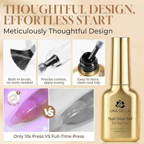UNA GELLA 6 in 1 Gel Nail Glue for Acrylic Nails Tips 2 Pcs 10ml Super Strong Nail Glue Long Lasting Brush On Nail G el Glue Curing Needed U V for Base Coat, Soft Gel Nail Tips, Clear Press on Nails