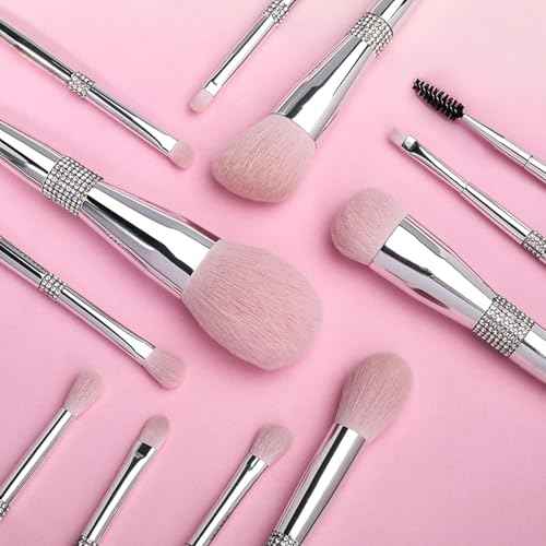 Professional Makeup Brush Set Luxury 11pcs Silver Glitter Crystal Make Up Brush Kit Vegan Soft Synthetic Hair Foundation Eyeshadow Eyebrow Lip Cosmetic Brush Set With Gift Box For Girl