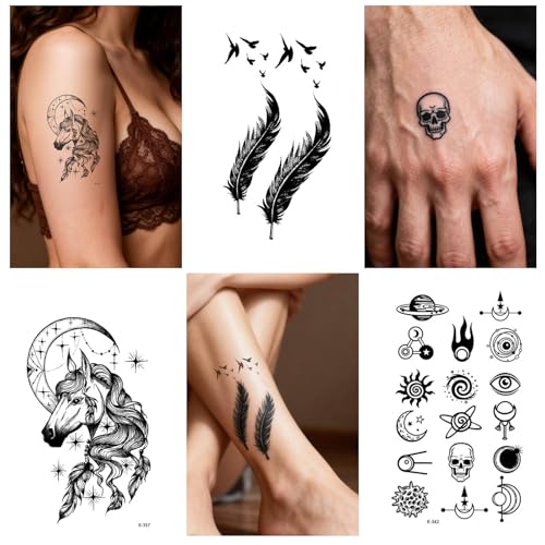 Temporary Tattoos for Adults – 8 Sheets Waterproof Black 3D Fake Tattoo Stickers