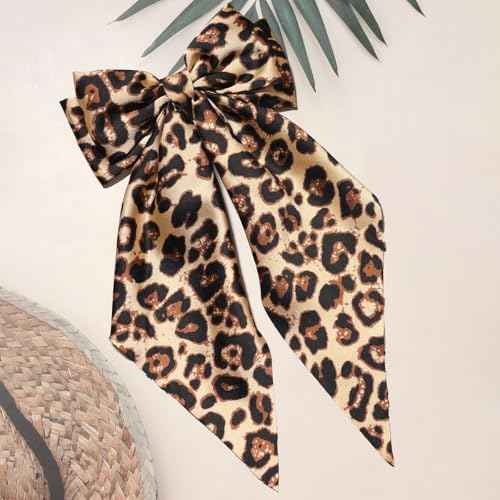 Furling Pompoms Hair Bows for Women Big Bow Hair Clips for Girls Long tail Hair Ribbon Satin Leopard Hair Bow Barrette Cute Hair Accessories Gifts, Pack of 2 (Camel)