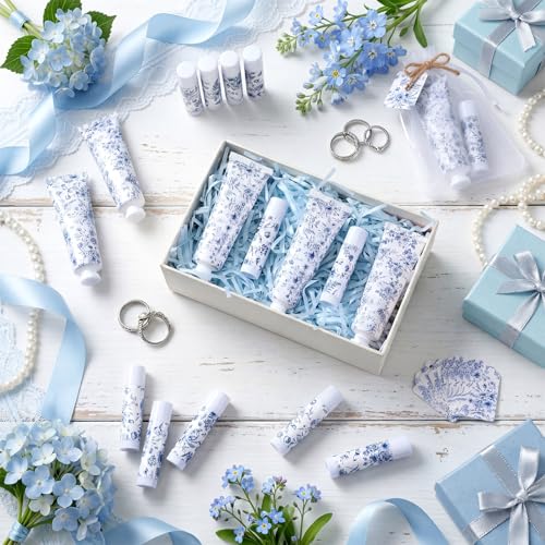Loopeer 24 Sets Blue Floral Bridal Shower Hand Cream and Lip Balm Gift Bulk Blue Flower Wedding Favors Travel Size Hand Lotion and Lip Balm Wedding Bridal Baby Shower Party Supplies for Guests