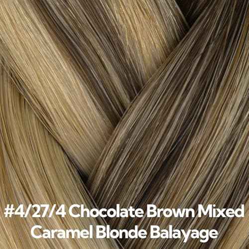 HOTBANANA Invisi Edge Tape in Hair Extensions Human Hair, 16inch 50g 10pcs Invisible & 10pcs Classic Chocolate Brown Mixed Caramel Blonde Balayage Seamless Tape in Hair Extensions Straight Injected