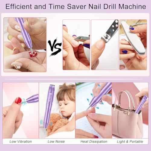 Electric Nail Drill,USB Electric Nail Drill Machine for Acrylic Nail Kit,Portable Electric Nail File Polishing Tool Manicure Pedicure Kit Efile Nail Supplies for Home Salon,Lilac