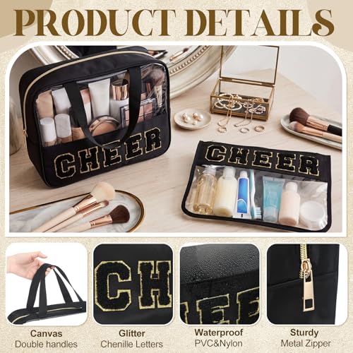 Hosuly 4-Piece Glitter Cheer Backpack Set with Travel & Makeup Bags, Black