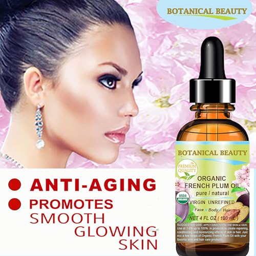 Botanical Beauty Organic French PLUM OIL 100% Pure Natural VIRGIN UNREFINED Cold-Pressed Carrier Oil for Face, Skin, Body, Hair, Lip, Nails. Rich in Vitamin E, Omega 6, Omega 9 (0.5 Fl Oz)