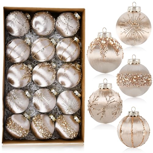 Christmas Ornaments Champagne Xmas Balls - Pack of 15 Luxury Christmas Tree Decorations Shatterproof - Satin Glitter Xmas Bulbs Set, 3.15 inch 80mm