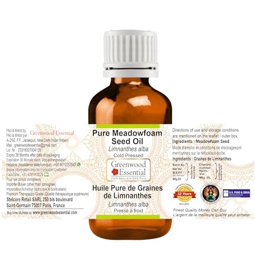Greenwood Essential Meadowfoam Seed Oil (Limnanthes alba) | Cold Pressed | Natural | Undiluted | For Diluting Essential Oils | For Hair, Skin & Massage | Men & Women | 15ml (0.50 oz)
