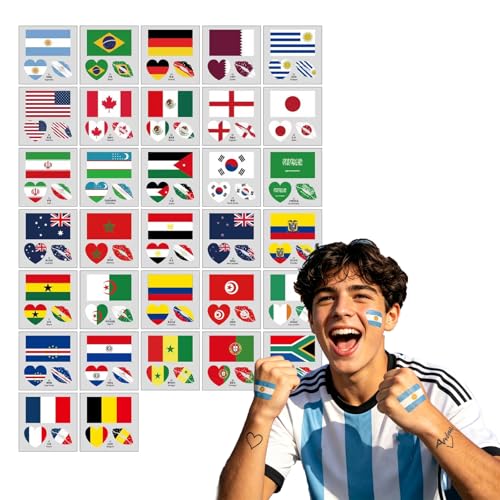 32 Country Flag Temporary Tattoos - Waterproof Patriotic Stickers