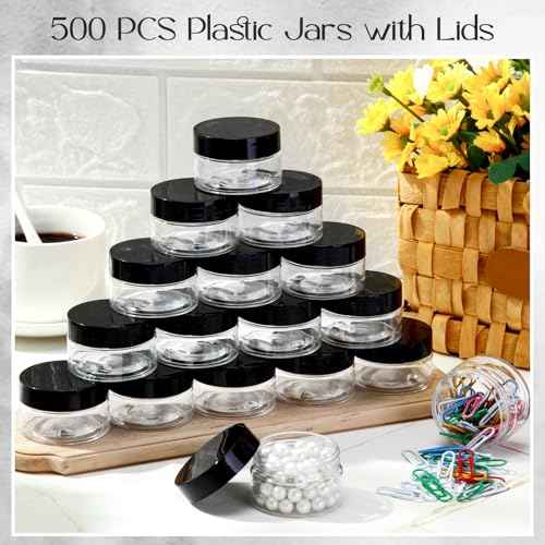 SATINIOR 500 Pcs Plastic Jars Bulk Empty Cosmetic Container Jars with Lids Leak Proof Round Clear Makeup Sample Containers for Creams Lotions Eye Shadow Makeup Products(Black Lids,1 oz)