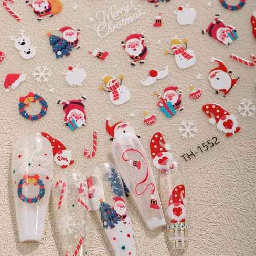 Christmas Nail Art Stickers, 3D Self-Adhesive Decals with Snowman, Snowflake, Elk, Santa Design for Gel Nails, 5 Pieces (Christmas)