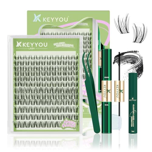 KEYYOU LASH Extension Kit 144Pcs Angel Lash Clusters Kit Thick Eyelash Extension Kit with Glue and Seal,Tweezers,Remover for DIY lash extension kit at Home£¨Kit-Angel A08-D-8-18MIX£©
