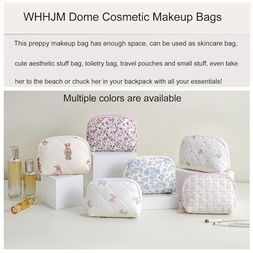Dome Cosmetic Makeup Bag Small Cotton Quilted Makeup Pouch for Purse Cute Floral Travel Toiletry Zipper Pouch (Two Pack: (Blue Floral+ Pink Floral)