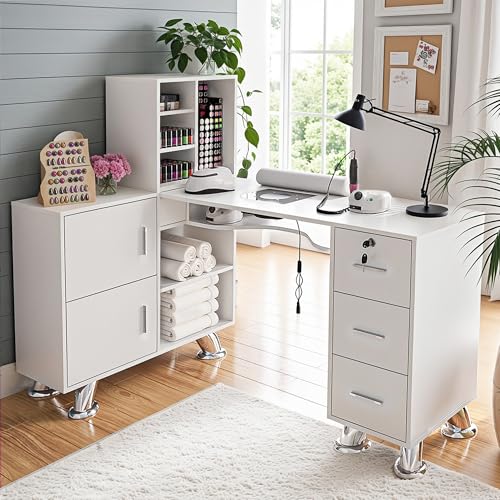 L-Shaped Nail Station with Dust Collector - White Salon Table