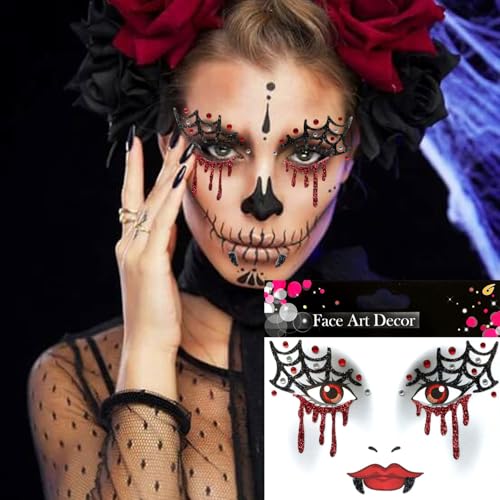 3 Pcs Halloween Face Stickers for Women, Bats and Spider Webs Face Gems Jewels,Day of the Dead Rhinestone Face Jewels Glitter Face Tattoo Stickers for Halloween Rave Party Cosplay