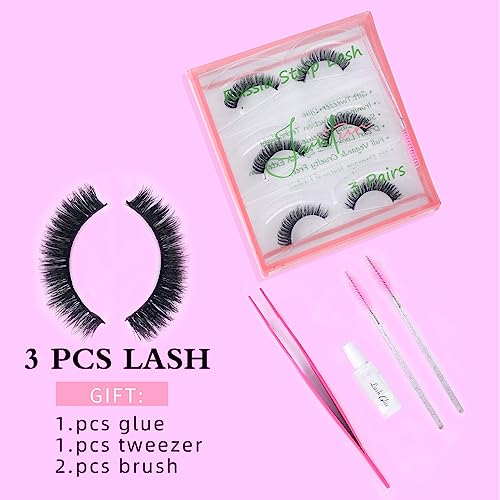 D Curl Faux Mink Lashes - 3 Pairs Russian Strip with Glue & Applicator