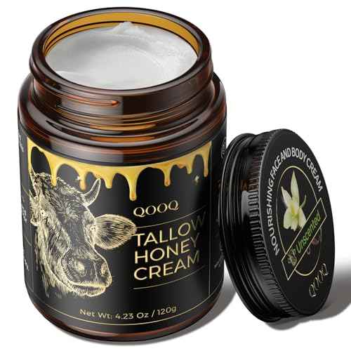 QOOQ 100% Grass Fed Beef Tallow for Skin with Raw Honey & Beach Rose Oil - for Sensitive & Eczema Skin - Natural Face/Body Butter + Lip Balm, Unscented, 4.23 oz