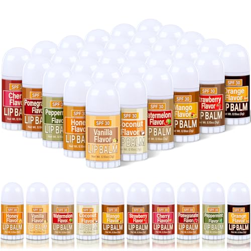 30 Pcs Mini Lip Balms Gift Bulk Assorted Lip Balms Sticks Spf 30 with Sunscreen Lips Care Bag Stuffers Employee Appreciation Gifts Bulk for Staff Teacher Wedding Baby Shower Party Favors