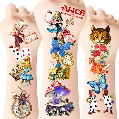Alice in Wonderland Temporary Tattoos, 96pcs Alice in Wonderland Tattoos, Htabiol Alice in Wonderland Decor, Alice in Wonderland Party Favors, Suit for Onederland 1st Birthday, Mad Hatter Tea Party