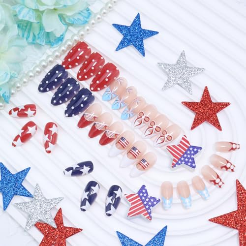 4th of July Press On Nails Medium Almond Red White Blue French Tip 30Pc