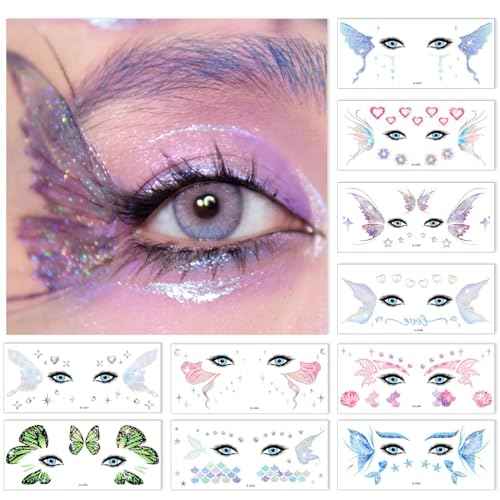 Glitter Fairy Makeup Kit Accessories For Women Butterfly Face Temporary Tattoos Stickers For Eyes Princess Rave Party Favors Gifts