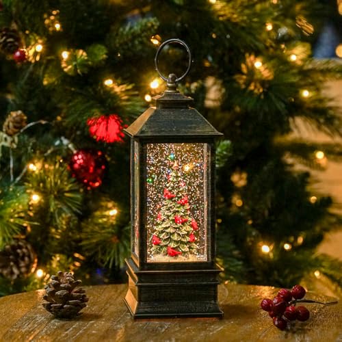 Christmas Snow Globe Lantern Water Glittering Christmas Tree with Music, Battery Operated or USB Powered Lighted Lantern for Christmas Festival Decoration Gifts