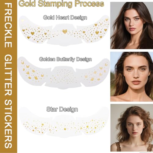 Glitter Freckles Face Tattoo-Waterproof Gold Face Fake Makeup Patches for Women Kids-Stars Moon Butterfly Spots-Temporary Sparkle Beauty, Concert,Carnival Party Cosmetic Glitter Accessories 6Pcs